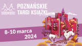 poznańskie targi książki - grafika z poznańskimi koziołkami i okładkami książek na różowo-fioletowym tle